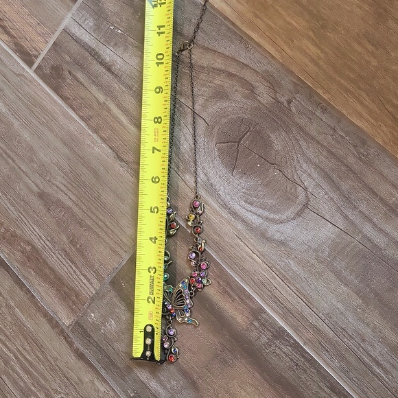 Brass Tone Multicolored Rhinestone Butterfly Pendant Necklace w/ Extender - Picture 6 of 7